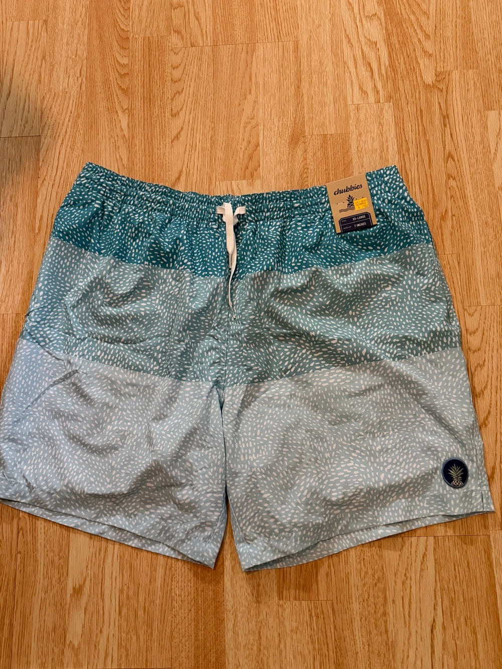 chubbies Teal Gradient Swim Trunks with White Dot Pattern